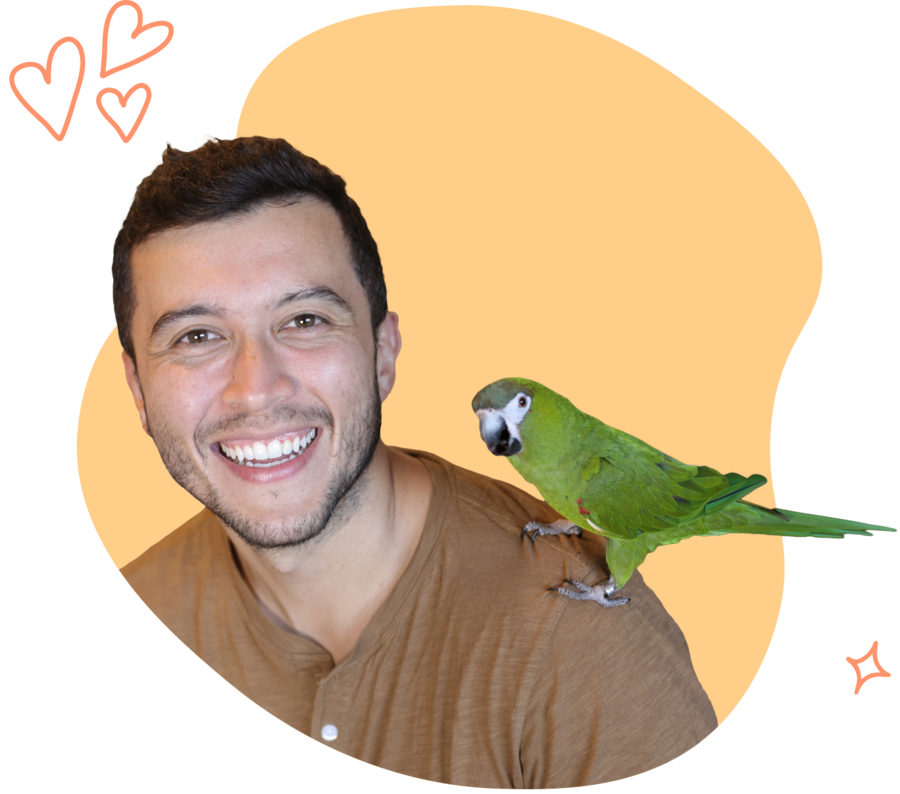 Man with a green parrot on his shoulder